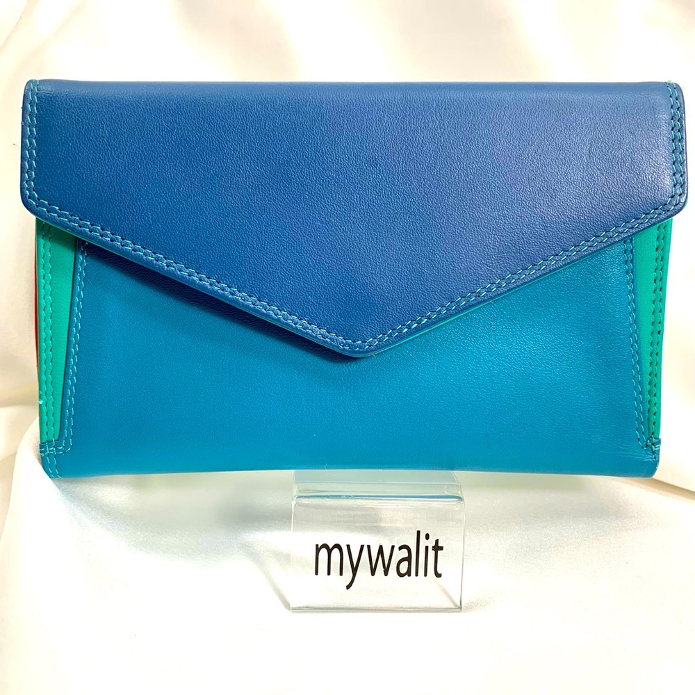 Mywalit NWT Medium Slim Envelope Soft Leather Wallet Aqua Cape Town 10 CC Slots